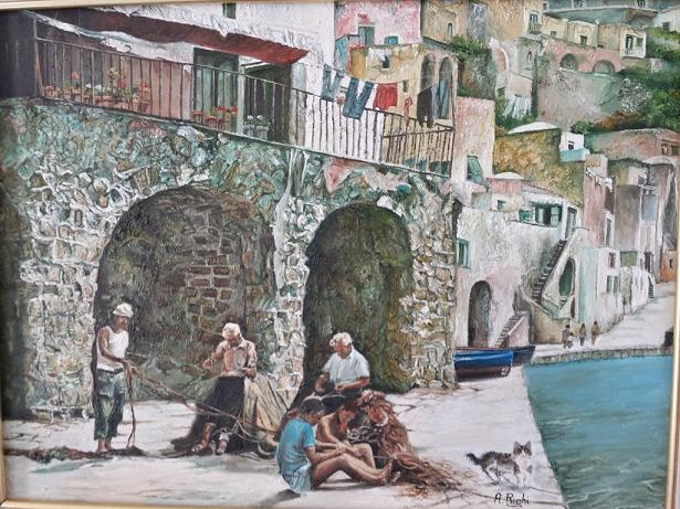 antonietta righi - pescatori a marina di corricella - olio su tela cm 30x40