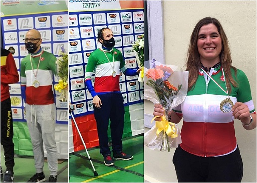 FCI Marche 16042021 da sx Farroni-Stacchiotti-Cretti tricolori paraciclismo